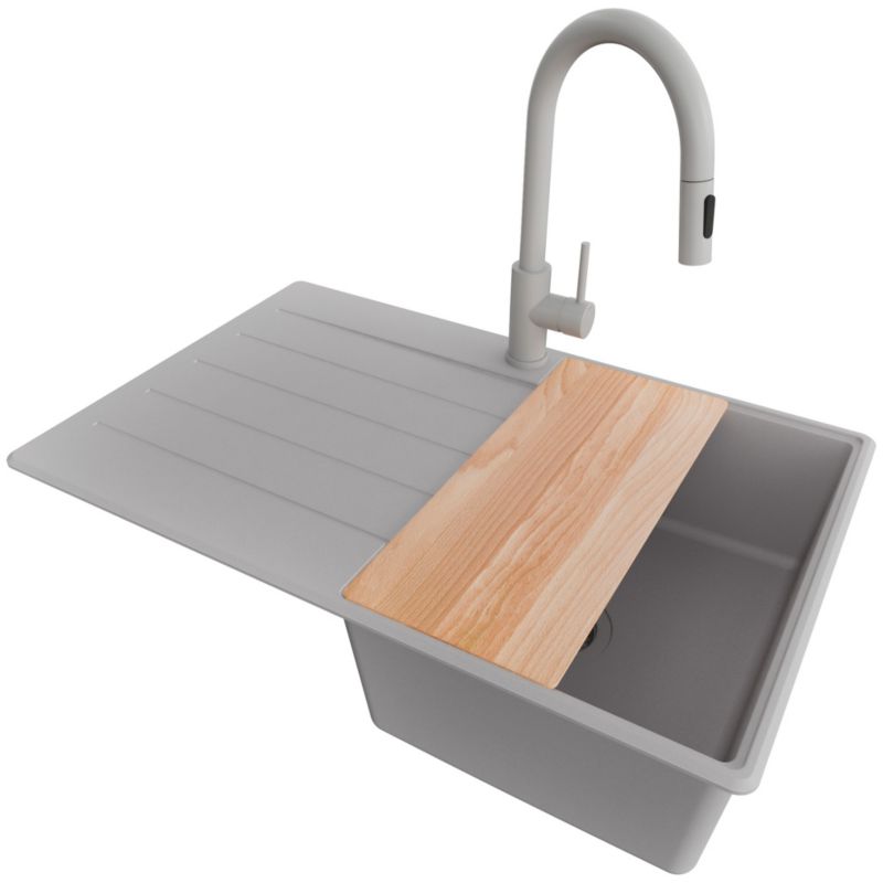 Zlewozmywak Granitowy Kopenhaga PRIMAGRAN Nablatowy 78x50cm do szafki od 45cm, Szary + Bateria + Syfon + Deska, S362, 1 szt.