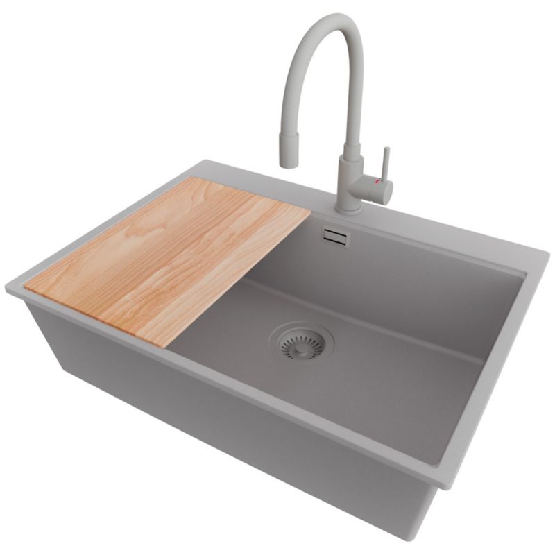 Zlewozmywak Granitowy Oslo PRIMAGRAN Nablatowy 68x50cm do szafki od 70cm, Szary + Bateria 38x14cm + Syfon + Deska, S518, 1 szt.