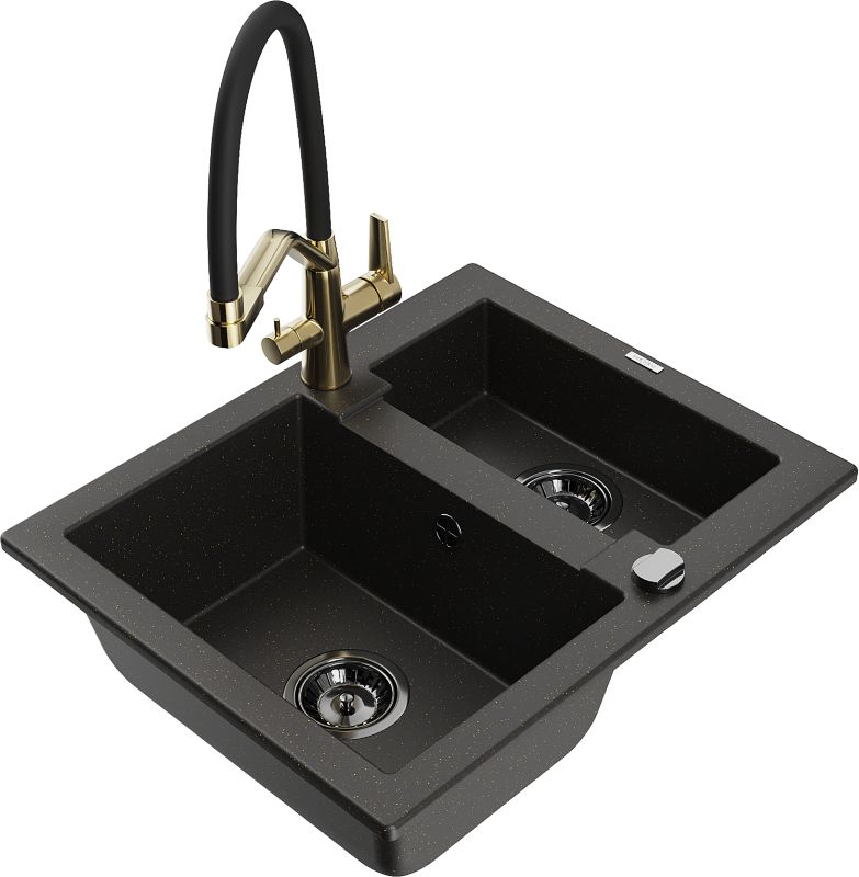 Zlewozmywak granitowy Mexen Carlos 1,5-komorowy z baterią kuchenną Duo szary - 6518-71-671701-70-B 1 szt.