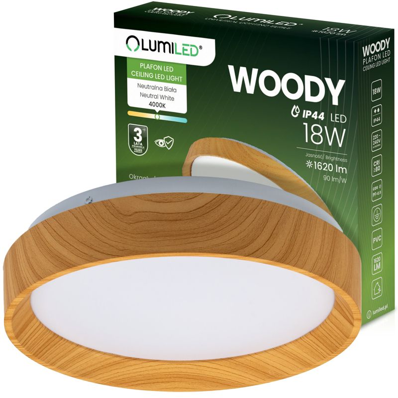 Plafon LED Lumiled Lampa Sufitowa Natynkowa Drewno PVC 18W 4000K Okrągły IP44 27cm 1 szt.