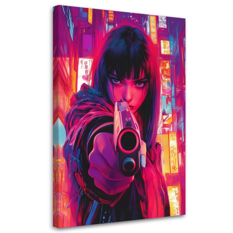 Obraz na płótnie Feeby Kobieta z pistoletem Cyberpunk 40x60cm 1szt