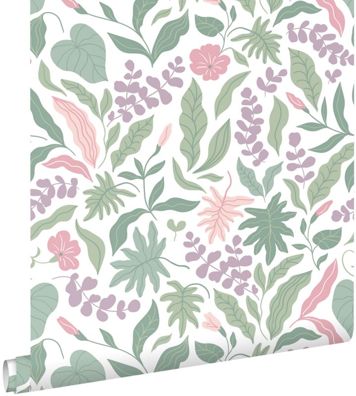 Tapeta ESTAhome liście i kwiaty fioletowym,różowymIzielonym 50 x 900 cm - 1 rol.