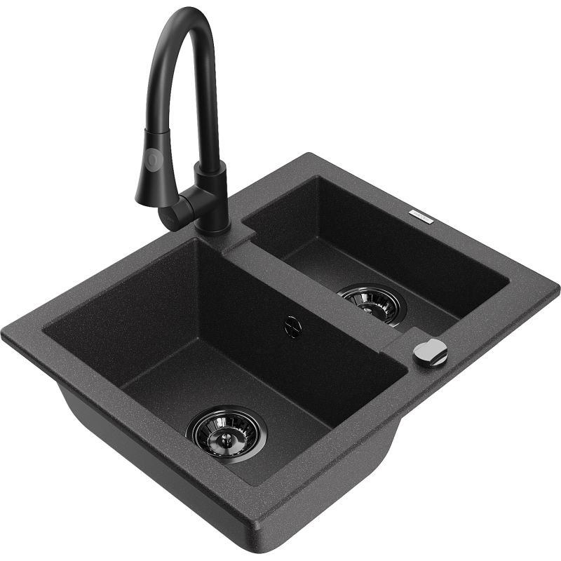Zlewozmywak granitowy 1.5-komorowy Mexen Carlos z baterią kuchenną Elia czarny nakrapiany 6518-76-670101-70-B