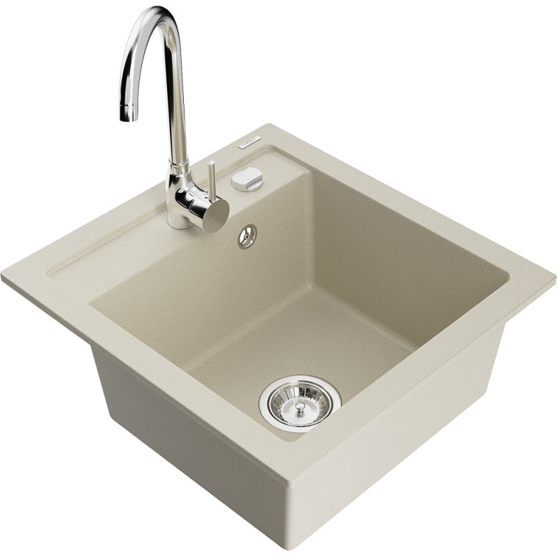 Zlewozmywak granitowy 1-komorowy Mexen Vito z baterią kuchenną Telma beżowy 6503-69-670200-00