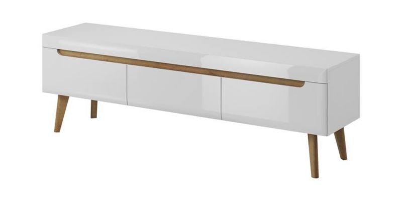 Szafka rtv z szufladami Bettso Nodis 160 cm szeroka na drewnianych nogach biały połysk 1szt.
