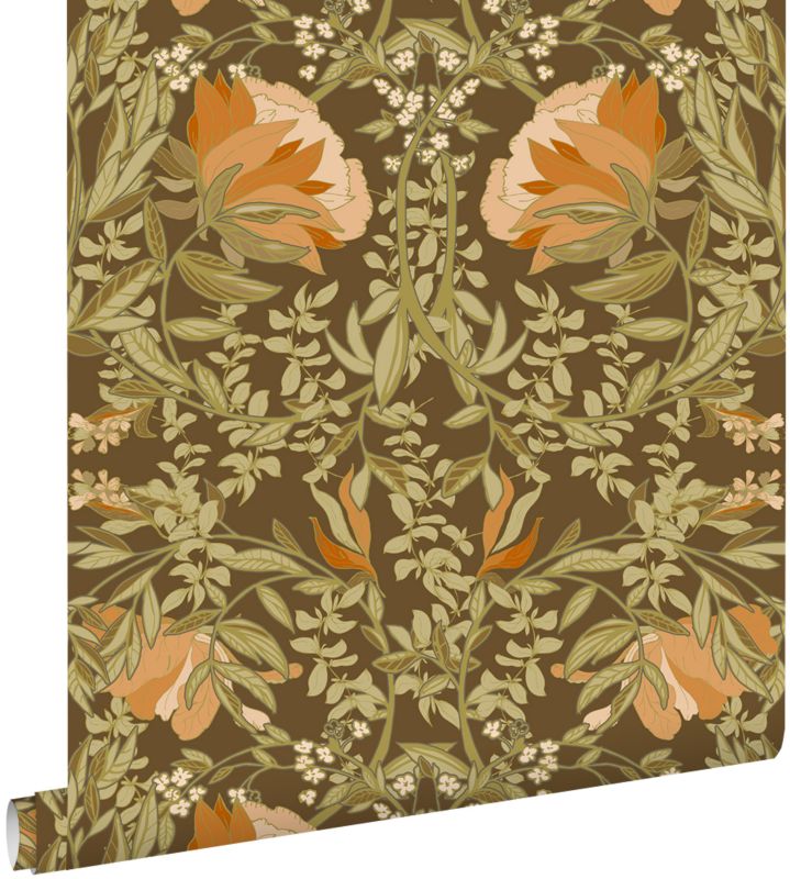 Tapeta ESTAhome vintage kwiaty w stylu secesyjnym zielonymIpomarańczowym 50 x 900 cm - 1 rol.