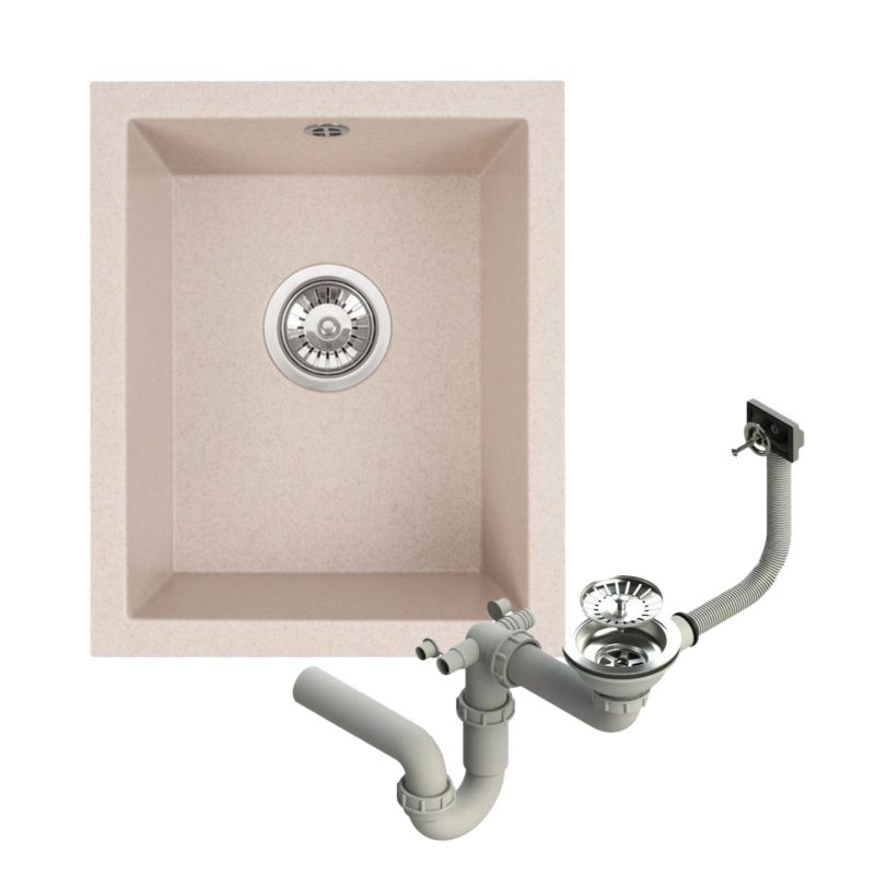 Zlewozmywak granitowy Brenor Junit 38 beżowy 37 x 45 cm jednokomorowy podwieszany z syfonem manualnym 1 szt