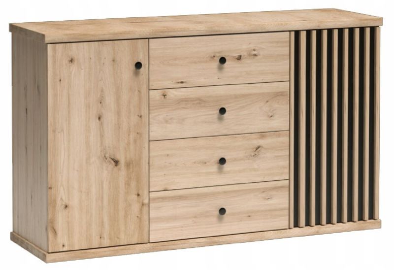 Szafka Komoda Furnidea 142 cm dąb artisan czarny lamelowa CALI z szufladami 1 szt.