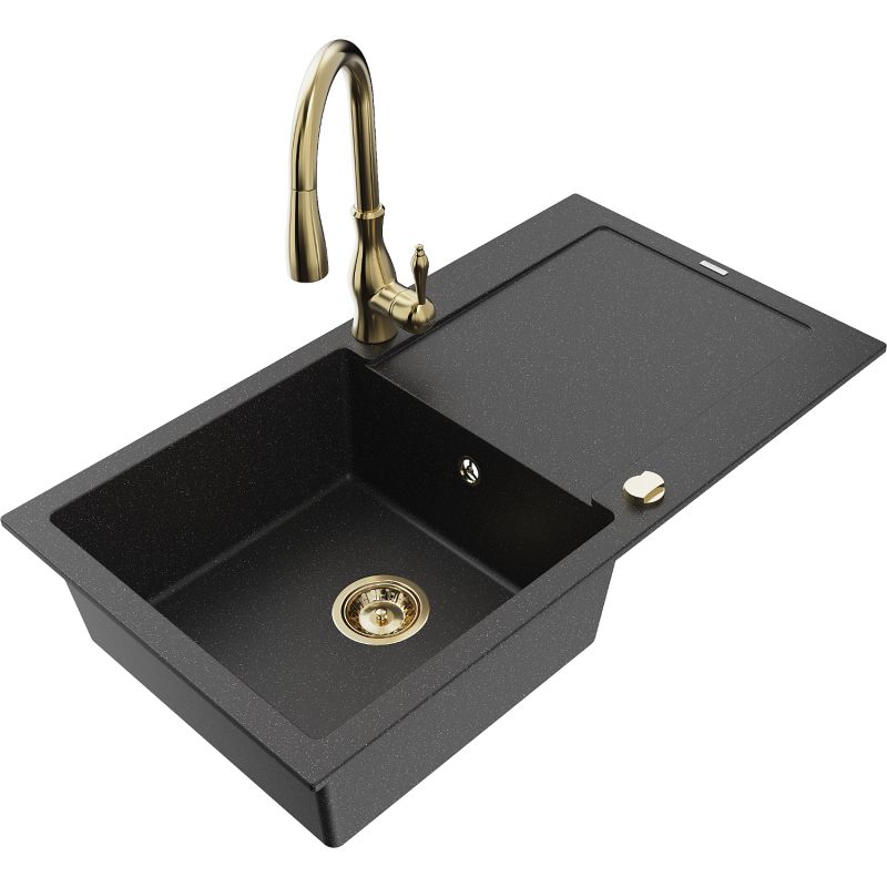 Zlewozmywak granitowy 1-komorowy Mexen Leo z ociekaczem i baterią kuchenną Savita czarny/srebrny metalik 6501-73-672601-50