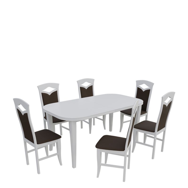 Zestaw RO04 MIRJAN 24 Stół rozkładany S02 90x160/240 + 6 krzeseł K53 biały + gorzka czekolada 1 kpl.