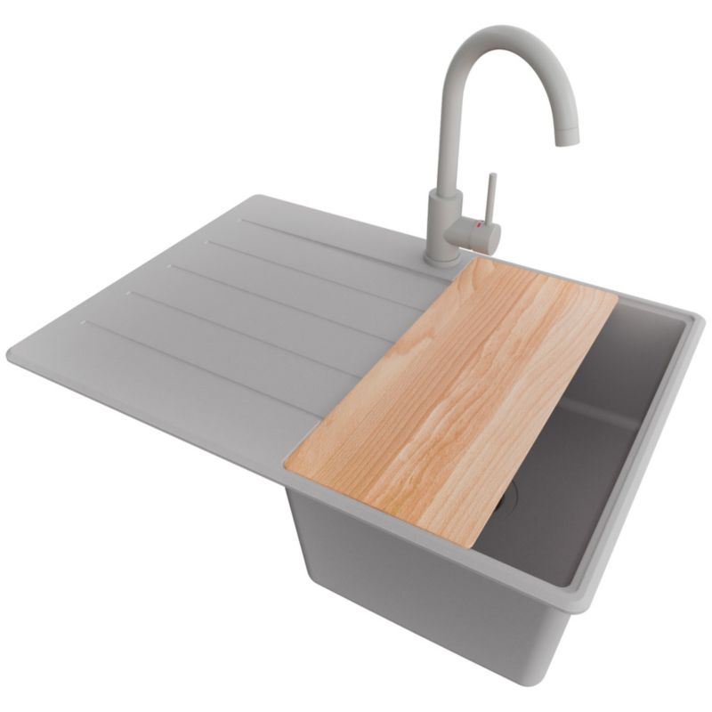 Zlewozmywak Granitowy Kopenhaga PRIMAGRAN Nablatowy 70x50cm do szafki od 40cm, Szary + Bateria + Syfon + Deska, S166, 1 szt.