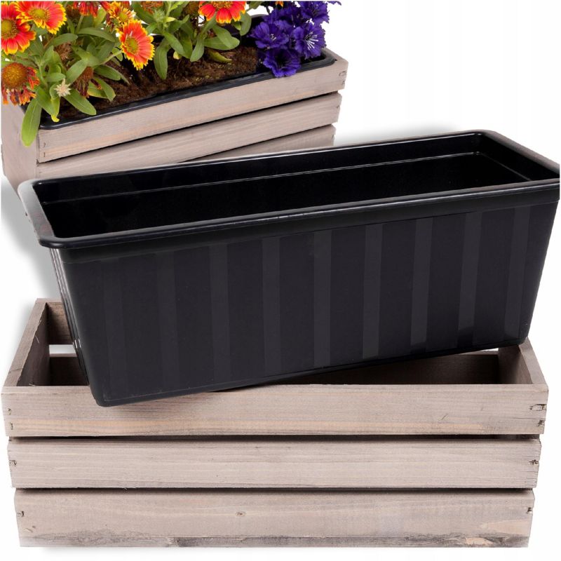 Skrzynka drewniana Eco Deco 40 cm szara czarny wkład plastikowy wkład 1 szt.