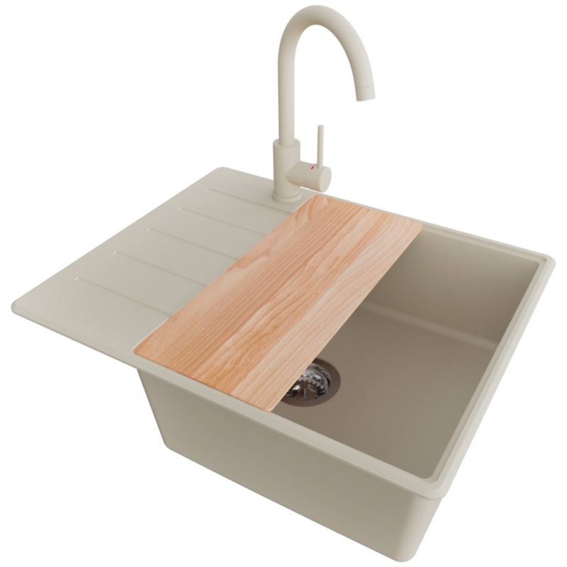 Zlewozmywak Granitowy Kopenhaga PRIMAGRAN Nablatowy 62x50cm do szafki od 50cm, Beżowy + Bateria + Syfon + Deska, S449, 1 szt.