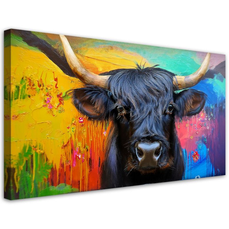 Obraz na płótnie Feeby Abstrakcja Krowa Szkocka na Kolorowym tle 80x40cm 1szt