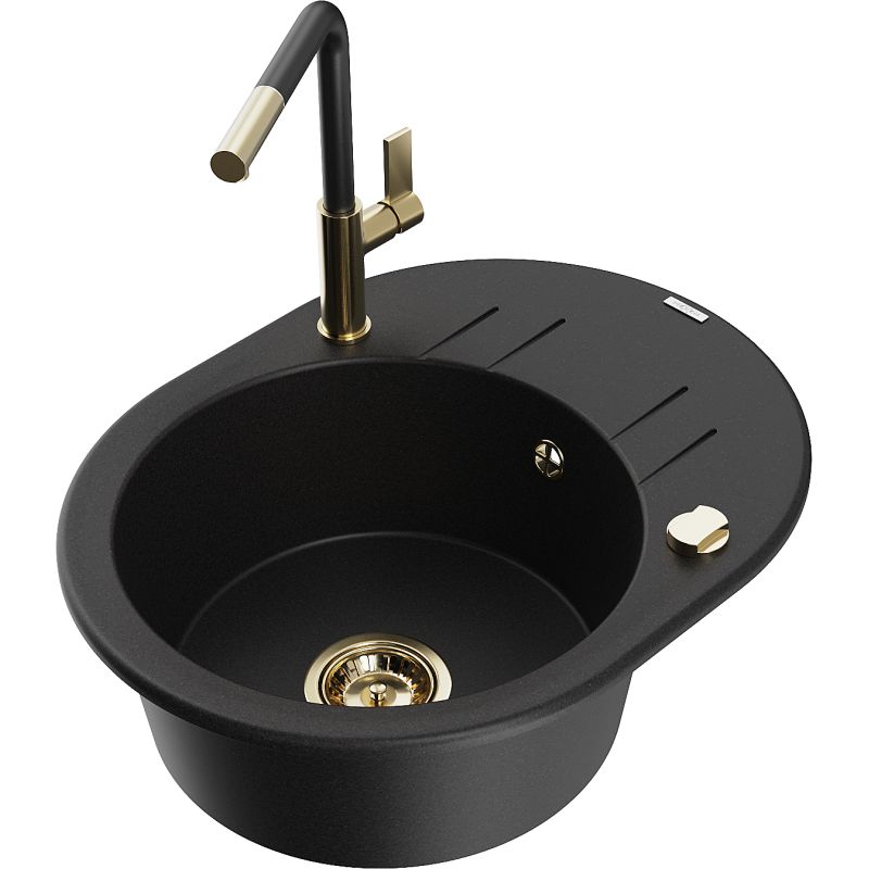 Zlewozmywak granitowy 1-komorowy Mexen Kevin z ociekaczem i baterią Flora czarny/srebrny metalik - 6517-73-670401-70-B 1 szt.