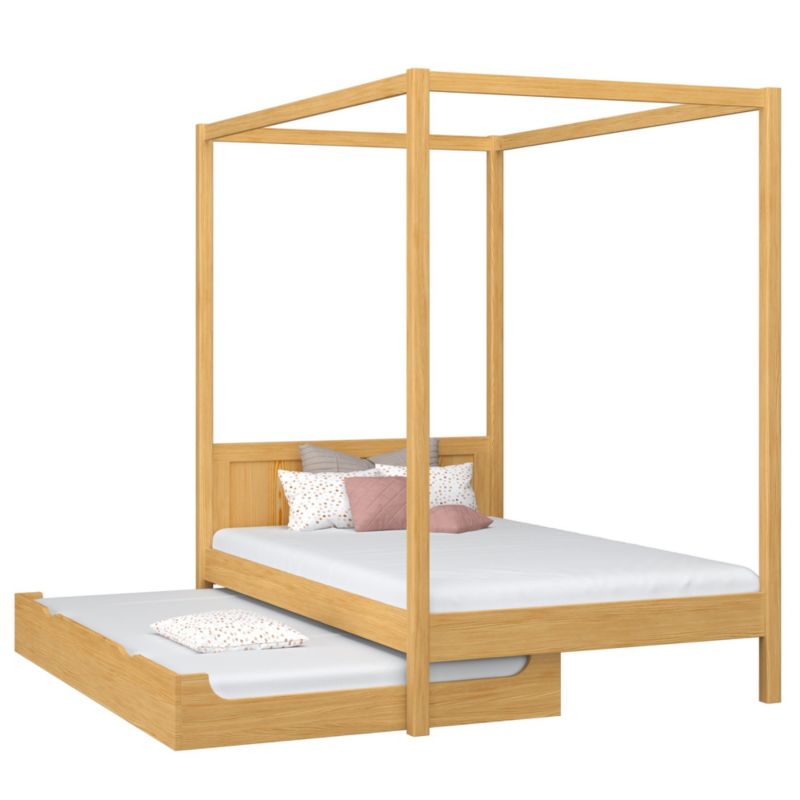 Drewniane łóżko N-WOOD pojedyncze z baldachimem i szufladą na dodatkowy materac N02 sosna naturalna 100x200 1szt.