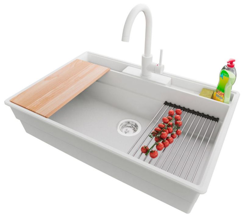 Zlewozmywak Granitowy Nowy Jork PRIMAGRAN Nablatowy 78x53cm do szafki od 80cm, Biały + Bateria + Syfon + Akcesoria, , 1 szt.