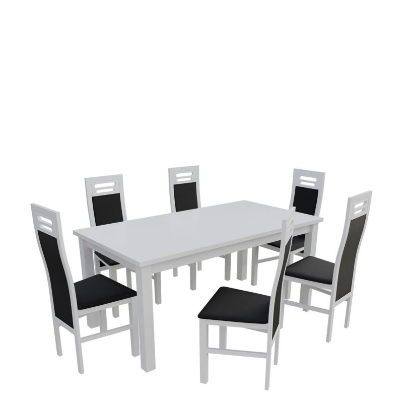 Zestaw RO22 MIRJAN 24 Stół rozkładany S18-L 80x160/200 + 6 krzeseł K65 biały + czarna ekoskóra 1 kpl.