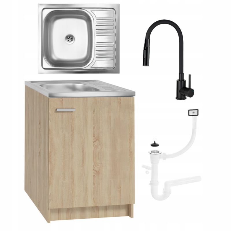 Szafka Kuchenna Stamar Dąb Sonoma 600 x 500 mm Zlew Bateria Deante Czarna Elastyczna 2w1 1 szt