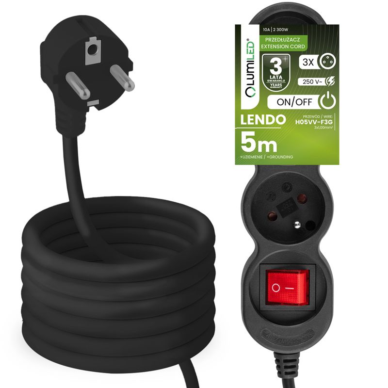 Przedłużacz Sieciowy Lumiled Kabel z Uziemieniem Listwa Zasilająca 3 Gniazda 5m z Włącznikiem Czarny Sznur 1 szt.