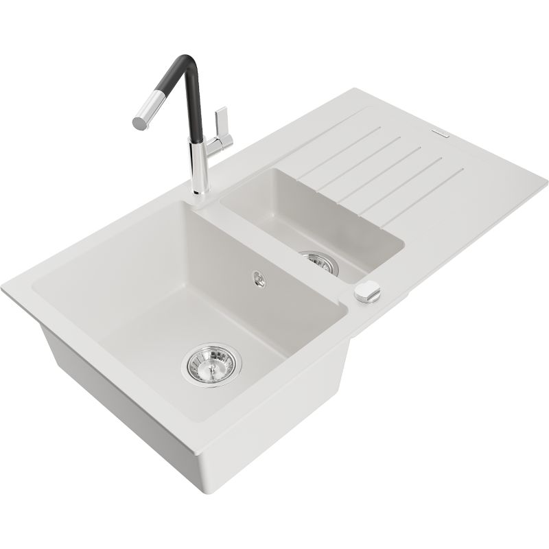 Zlewozmywak granitowy 1.5-komorowy Mexen Matias z ociekaczem i baterią kuchenną Flora biały 6502-20-670401-07