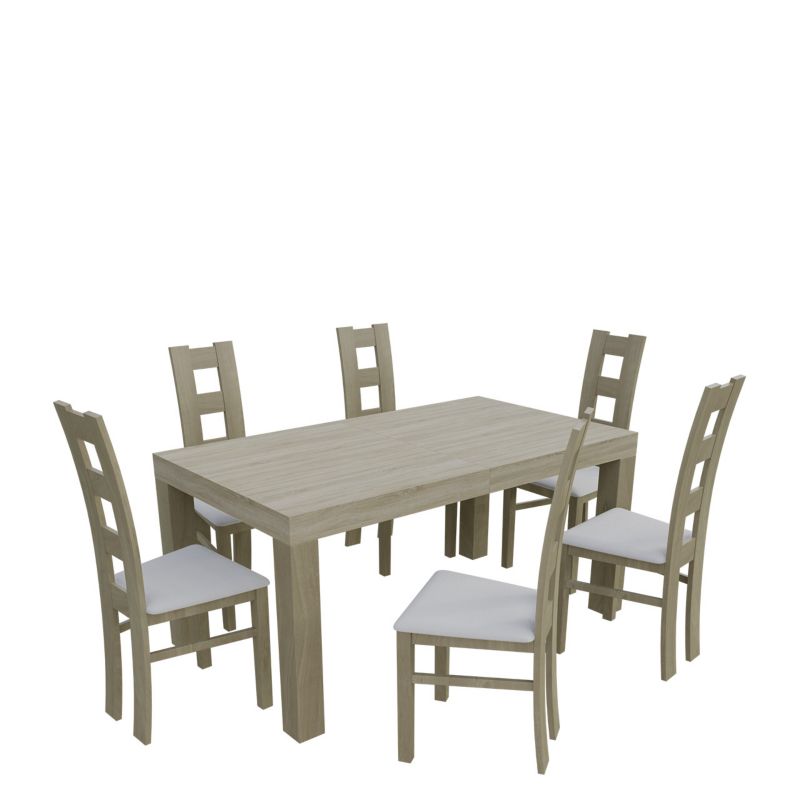 Zestaw RO46 MIRJAN 24 Stół rozkładany SF-25 90x160/210 + 6 krzeseł K42 dąb sonoma + biała ekoskóra 1 kpl.