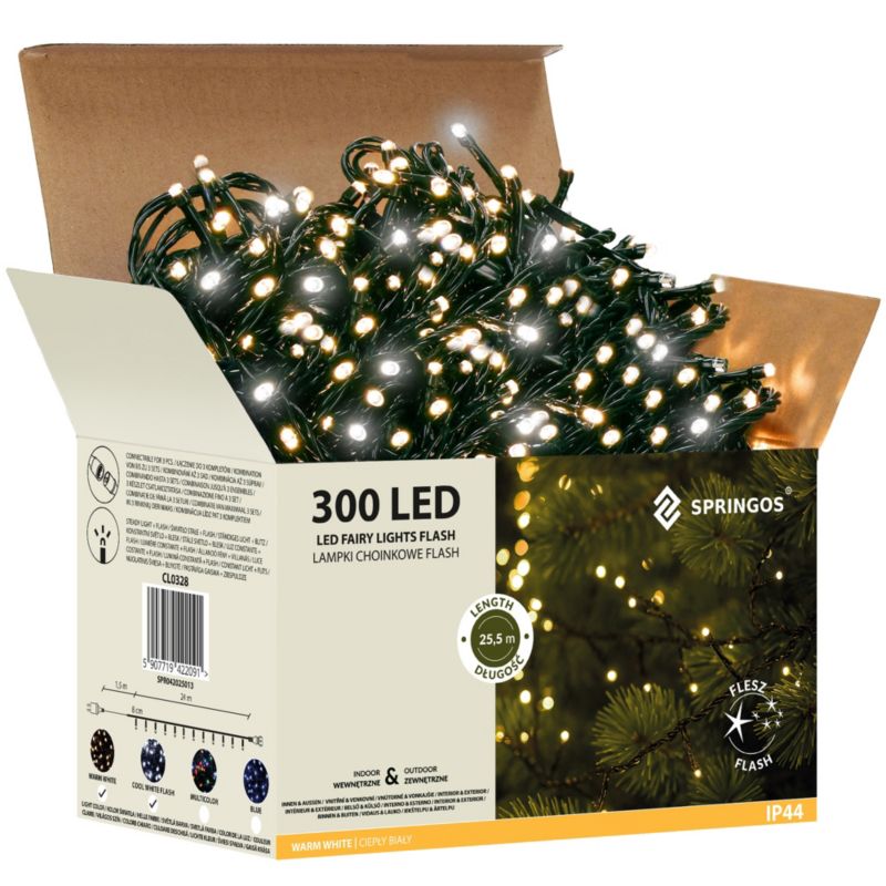 Lampki choinkowe Springos 300 led biały ciepły, flash biały zimny 25,5 m IP44 1 szt.