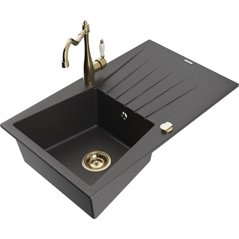 Zlewozmywak granitowy 1-komorowy Mexen Cesar z ociekaczem i baterią kuchenną Carla czarny nakrapiany 6514-76-670700-50