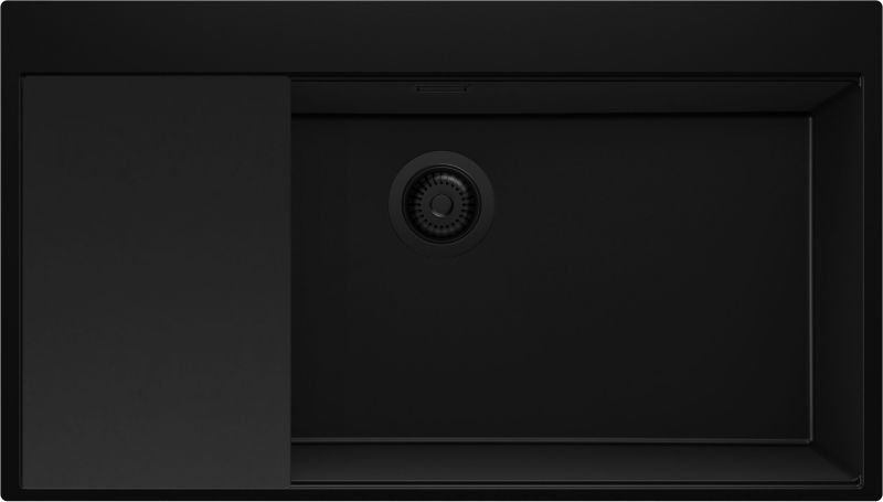 Zlewozmywak Oslo PRIMAGRAN Nablatowy 88x50cm do szafki od 90cm, Cały Czarny + Syfon + Deska, S739, 1 szt.