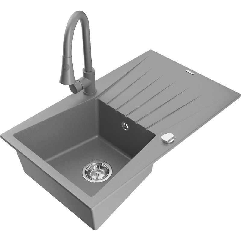 Zlewozmywak granitowy 1-komorowy Mexen Cesar z ociekaczem i baterią kuchenną Flora beżowy - 6514-69-670401-70-B 1 szt.