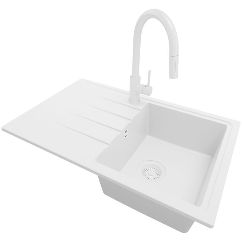 Zlewozmywak Granitowy Mediolan PRIMAGRAN Nablatowy 78x50cm do szafki od 45cm, Cały Biały + Bateria 40x20cm + Syfon, S080, 1 szt.