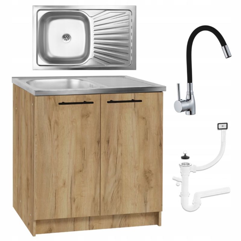 Szafka Kuchenna Stamar 800 mm Dąb Złoty Zlewozmywak Bateria Czarna Elastyczna Syfon 1 szt