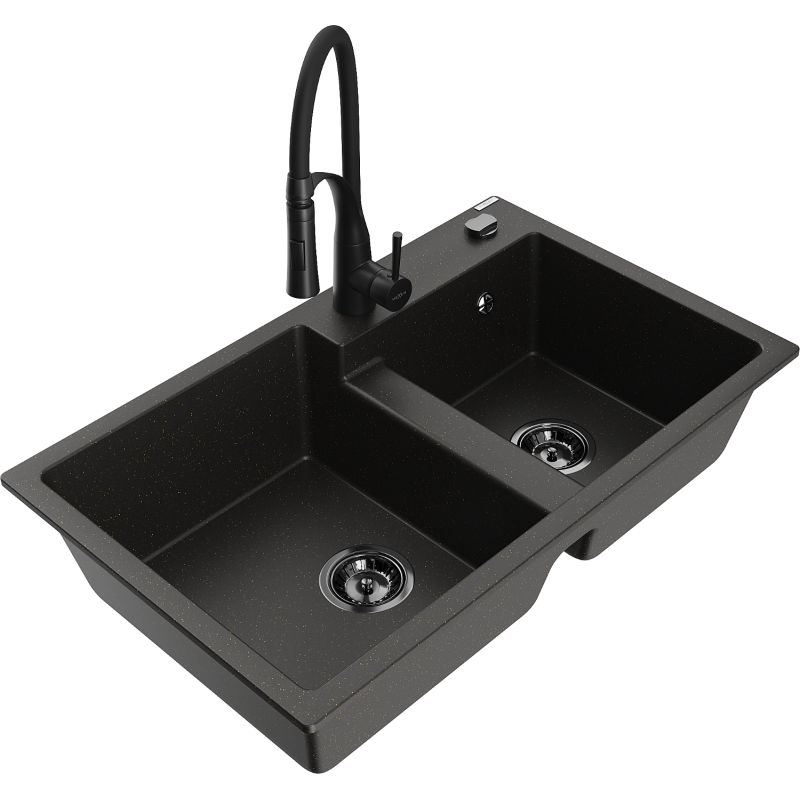 Zlewozmywak granitowy 2-komorowy Mexen Tomas z baterią kuchenną Aster szary - 6516-71-73450-70-B 1 szt.