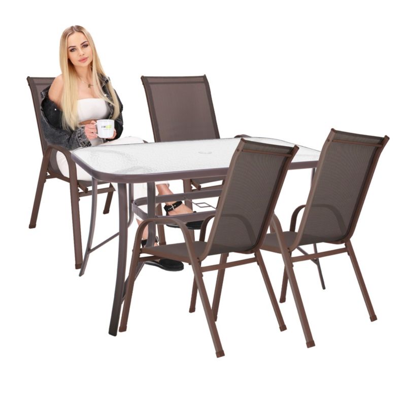 Meble ogrodowe Springos komplet stół ze szkłem hartowanym, 4 krzesła zestaw dla 4 osób brązowe