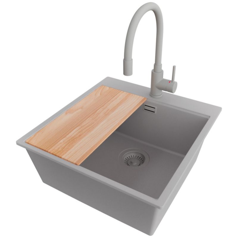 Zlewozmywak Granitowy Oslo PRIMAGRAN Nablatowy 48x50cm do szafki od 50cm, Szary + Bateria 38x14cm + Syfon + Deska, S324, 1 szt.