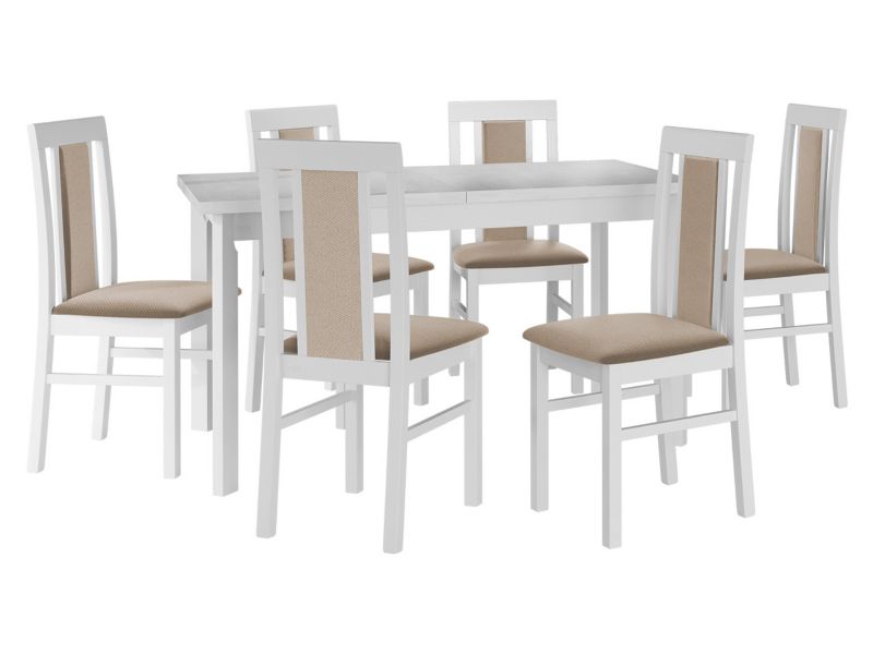 Zestaw DR20 MIRJAN 24 Stół rozkładany Modena I P 80x140/180 + 6 krzeseł Nilo 2 biały + beżowa tapicerka 1 kpl.
