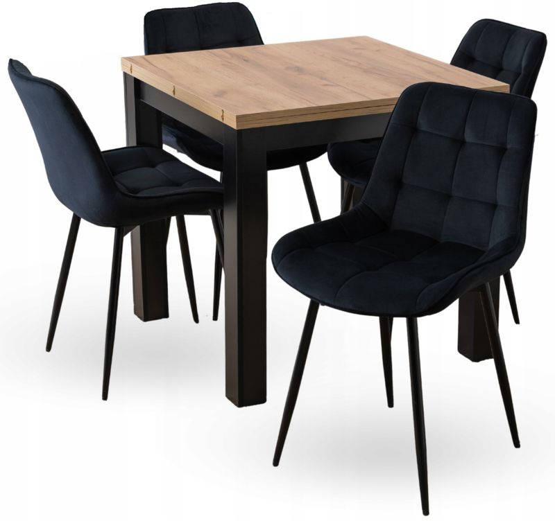 Zestaw Stół i 4 Krzesła Mebel Elite Max 80-160 cm Dąb Craft/Czarny i Chris Czarne Welurowe 1 kpl