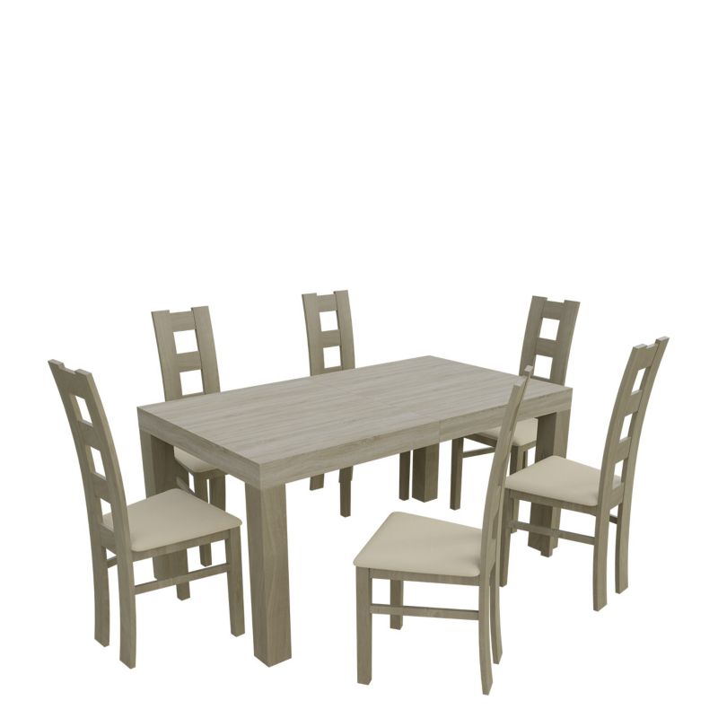Zestaw RO46 MIRJAN 24 Stół rozkładany SF-25 90x160/210 + 6 krzeseł K42 dąb sonoma + ekoskóra ecru 1 kpl.