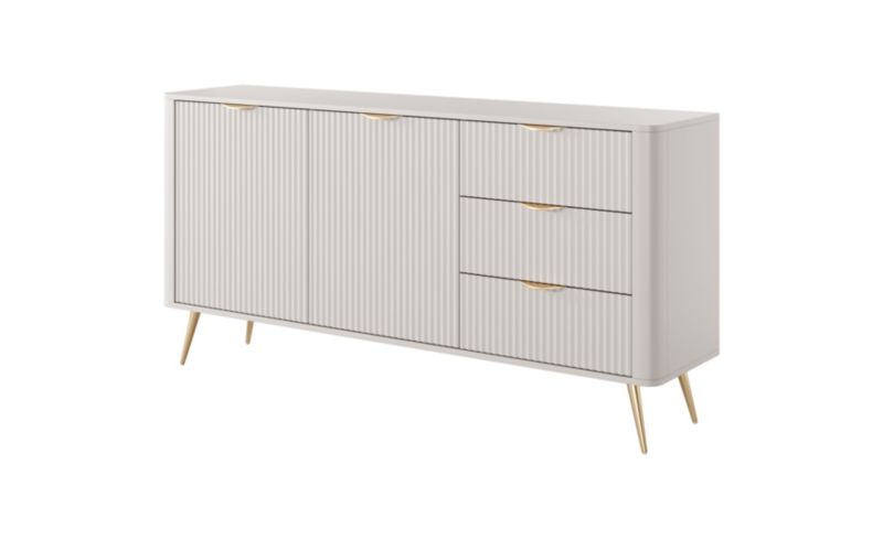 Komoda dwudrzwiowa z szufladami Bettso Lante szeroka z ryflowanymi frontami na złotych nogach beżowy 1szt.