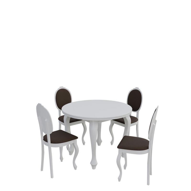 Zestaw RO05 MIRJAN 24 Okrągły stół rozkładany S04 100/140 + 4 krzesła K76 biały + gorzka czekolada 1 kpl.