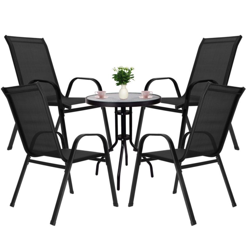 Meble ogrodowe Springos stół okrągły szklany i 4 krzesła metalowe czarne 1 kpl.