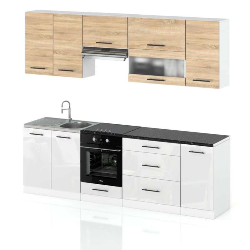 Zestaw Kuchenny Hurtownia-Mebli Z Blatem Kuchnia Marocco 260cm Biały Mat Dąb Sonoma/Biały Połysk 260x52x157 cm 1szt.