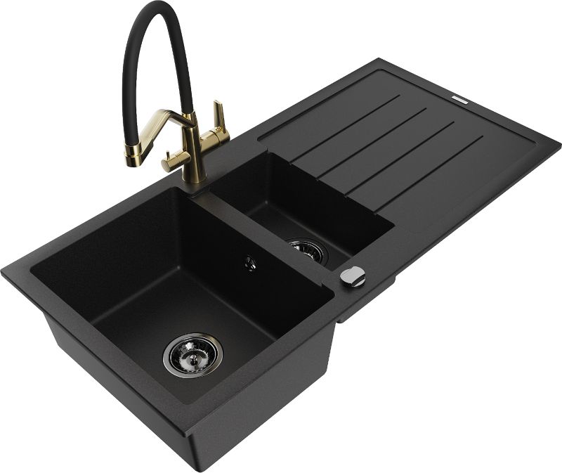 Zlewozmywak granitowy Mexen Andres 1,5-komorowy z ociekaczem i baterią kuchenną Rita beżowy - 6515-69-670300-70 1 szt.