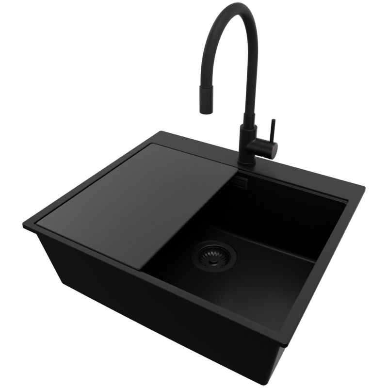 Zlewozmywak Granitowy Oslo PRIMAGRAN Nablatowy 58x50cm do szafki od 60cm, Cały Czarny + Bateria + Syfon + Deska, S440, 1 szt.