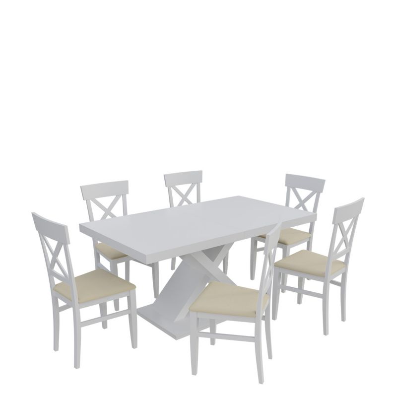 Zestaw RO44 MIRJAN 24 Stół rozkładany S50 90x160/210 + 6 krzeseł K64 biały + ekoskóra ecru 1 kpl.