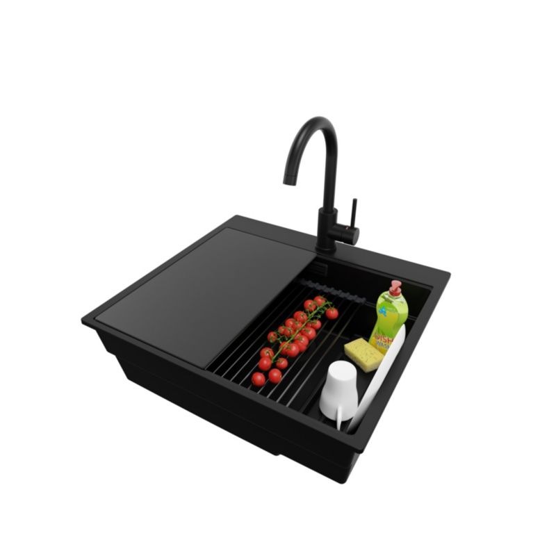 Zlewozmywak Granitowy Oslo Max PRIMAGRAN Nablatowy 58x53cm, Cały Czarny + Bateria + Syfon + Akcesorium, S058, 1 szt.