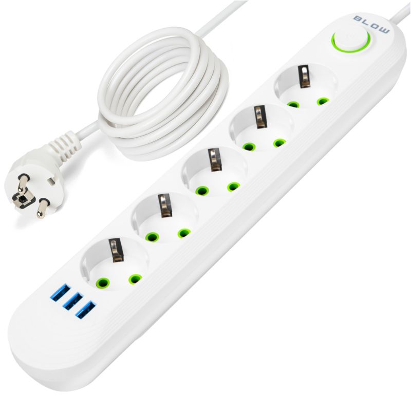 Przedłużacz BLOW listwa zasilająca włącznik 3x USB 5 gniazd 5m biały ładowarka 1 szt.