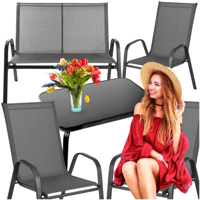 Zestaw Mebli Ogrodowych Gogarden Metalowy Stół + Sofa + 2 Krzesła Szare 4 El.