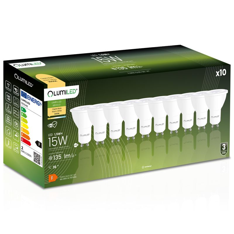 Żarówka LED Lumiled GU10 Reflektor PAR16 1.5W 135lm 3000K 36st 10 szt.