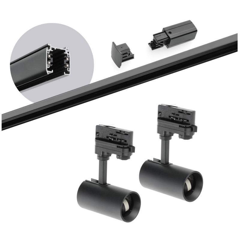 Oświetlenie szynowe 3 fazowe Kobi 2m + 2x oprawa GU10 czarne 1kpl.